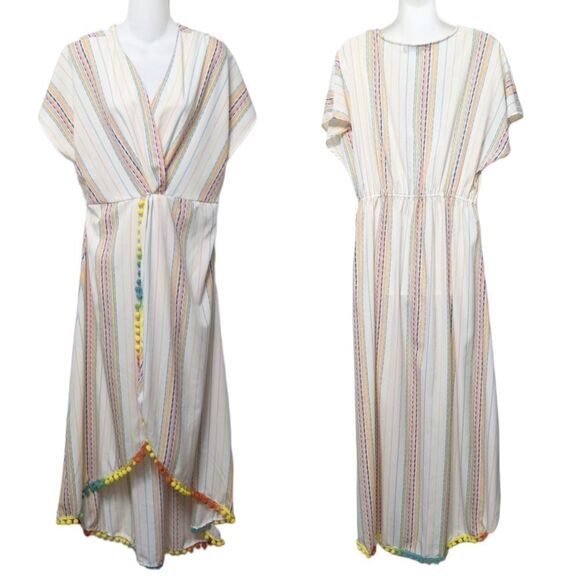 AMERICA & BEYOND Rainbow Stripe Wrap Pom Pom Maxi Dress XL - Picture 1 of 9